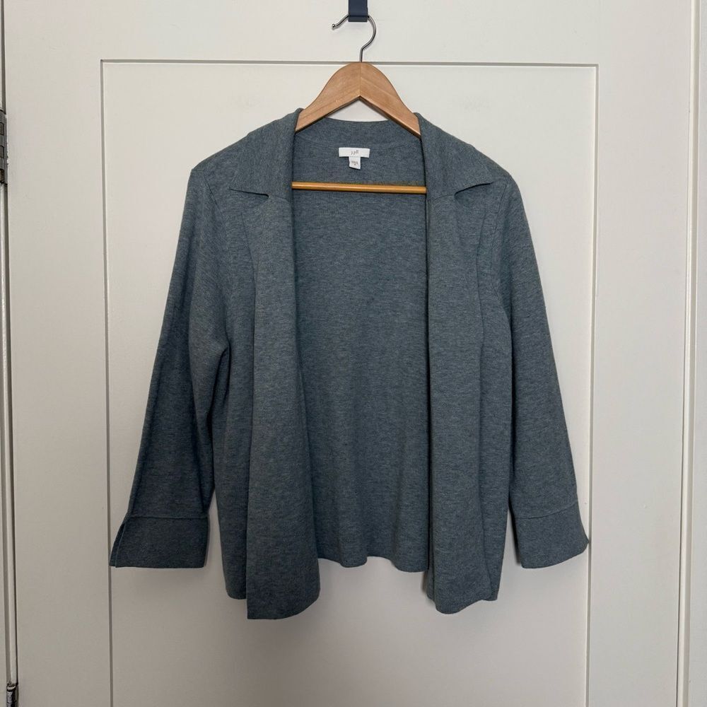 J Jill Open Cardigan Sweater Sz M Mint Blue 3/4 Sleeve Collared Office Career